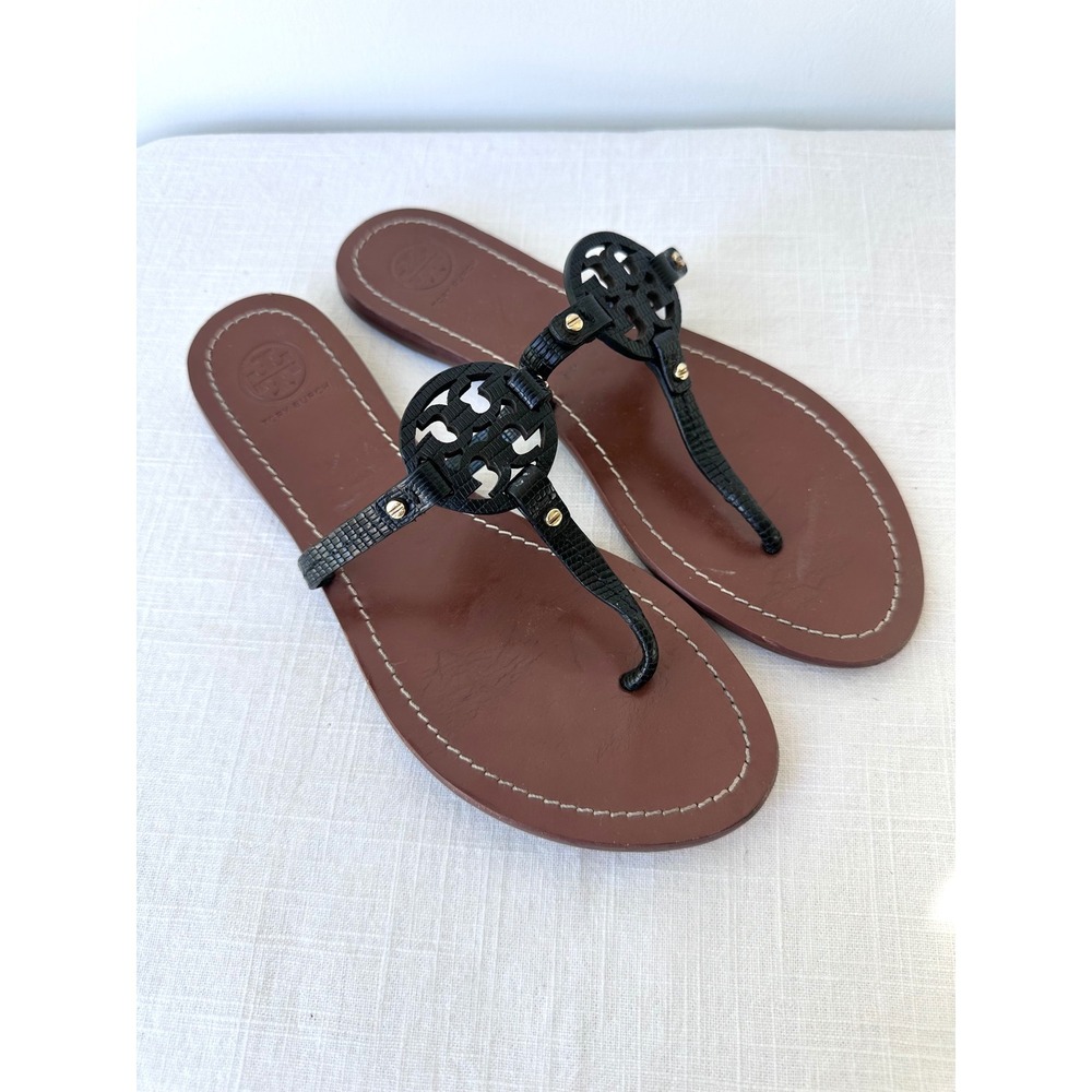 Tory Burch Miller Sandals Black Lizard Leather Flats 9 read description